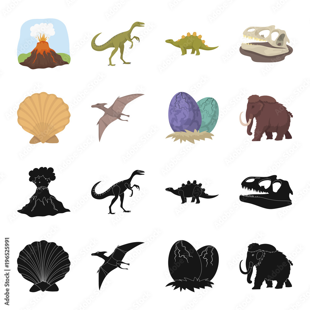 Prehistoric shell, dinosaur eggs,pterodactyl, mammoth. Dinosaur and  prehistoric period set collection icons in cartoon,black style vector  symbol stock illustration web. Stock Vector