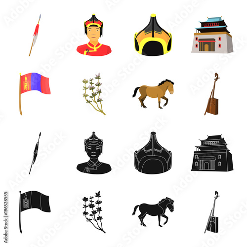National flag, horse, musical instrument, steppe plant. Mongolia set collection icons in black,cartoon style vector symbol stock illustration web.