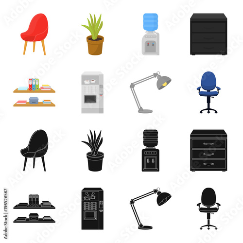 Shelves, folders and notebooks with business records, a coffee machine with cups, an armchair with a backrest on wheels, a desk lamp. Office Furniture set collection icons in black,cartoon style