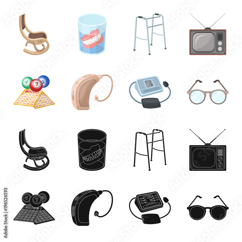 Lottery, hearing aid, tonometer, glasses.Old age set collection icons in black,cartoon style vector symbol stock illustration web.