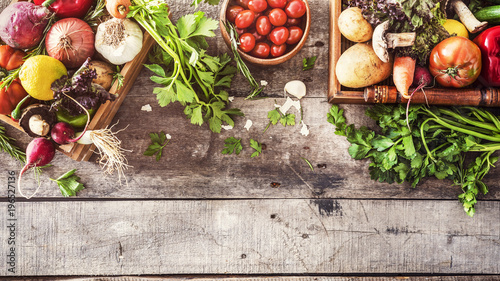 Organic vegetables healthy nutrition concept on wooden background