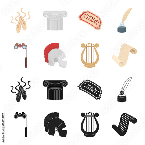 Theatrical binoculars, a helmet, a harp and a paper scroll. The theater set collection icons in black,cartoon style vector symbol stock illustration web.