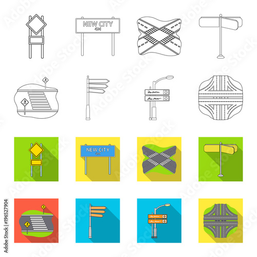Direction signs and other web icon in outline,flet style.Road junctions and signs icons in set collection.