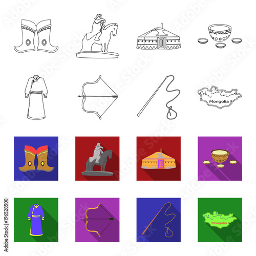 .mongol dressing gown, battle bow, theria on the map, Urga, Khlyst. Mongolia set collection icons in outline,flet style vector symbol stock illustration web.