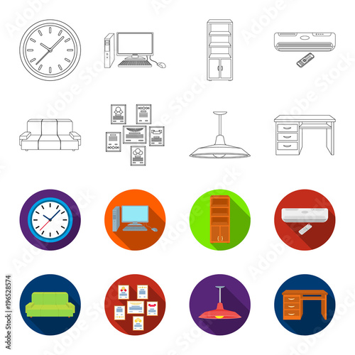 Comfortable sofa, letters and diplomas within the framework, an office ceiling lamp, a desk with drawers. Office Furniture set collection icons in outline,flet style vector symbol stock illustration