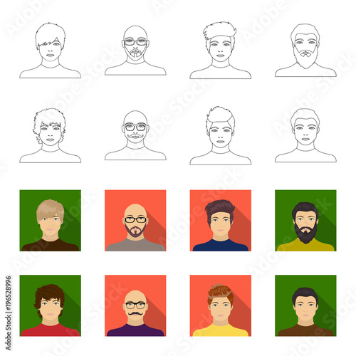 The appearance of the young guy, the face of a bald man with a mustache in his glasses. Face and appearance set collection icons in outline,flet style vector symbol stock illustration web.