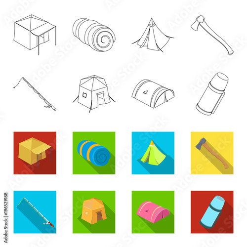 Spinning for fishing, tent, thermos.Tent set collection icons in outline,flet style vector symbol stock illustration web.