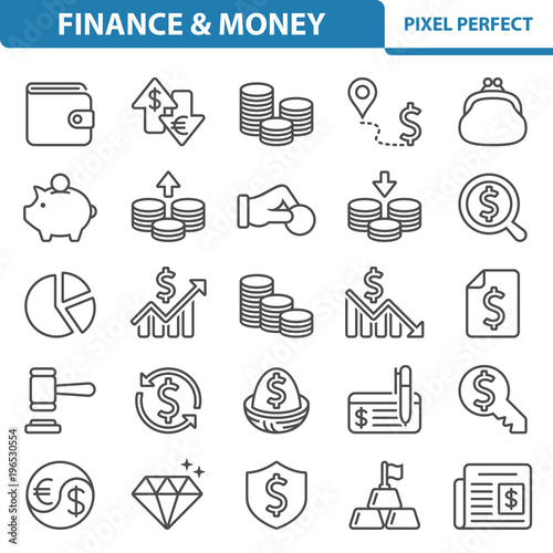 Finance and Money Icons. Professional, pixel perfect icons depicting various finance, money and currency concepts. EPS 8 format.