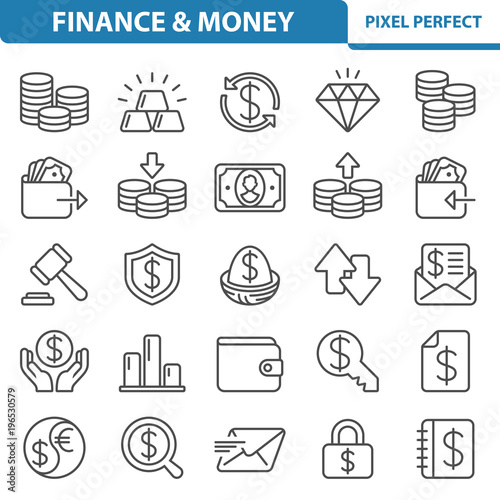 Finance and Money Icons. Professional, pixel perfect icons depicting various finance, money and currency concepts. EPS 8 format.