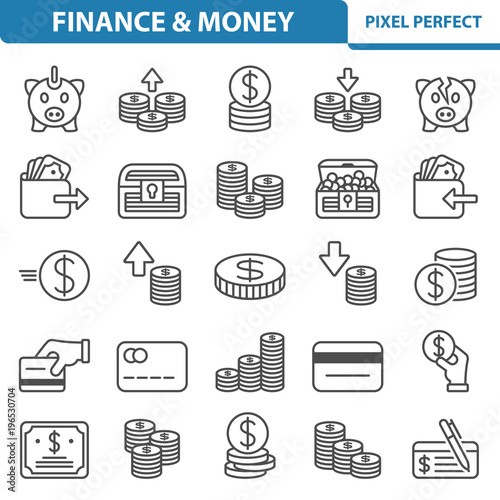 Finance and Money Icons. Professional, pixel perfect icons depicting various finance, money and currency concepts. EPS 8 format.