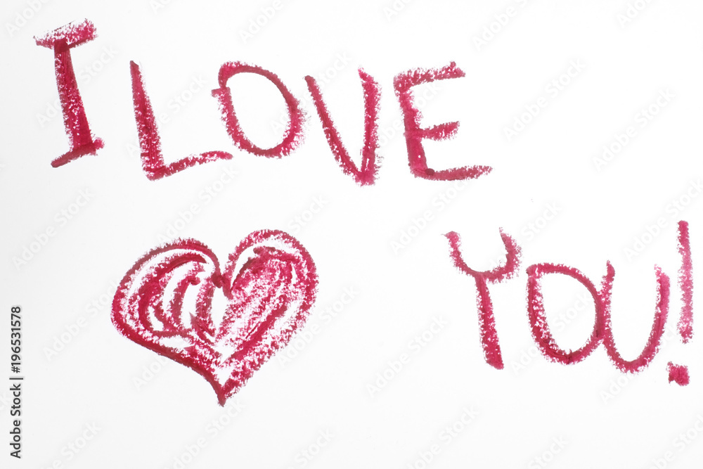 Paper with red text I love you by lipstick Paper with red text I love you by lipstick