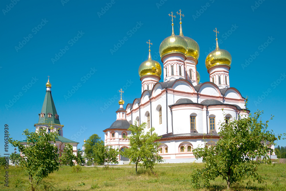 Sunny July Day at the Cathedral of the Icon of the Mother of God of Iversk. The Valdai Iversky Svyatoozersky Bogoroditsky Monastery. Valaday, Russia