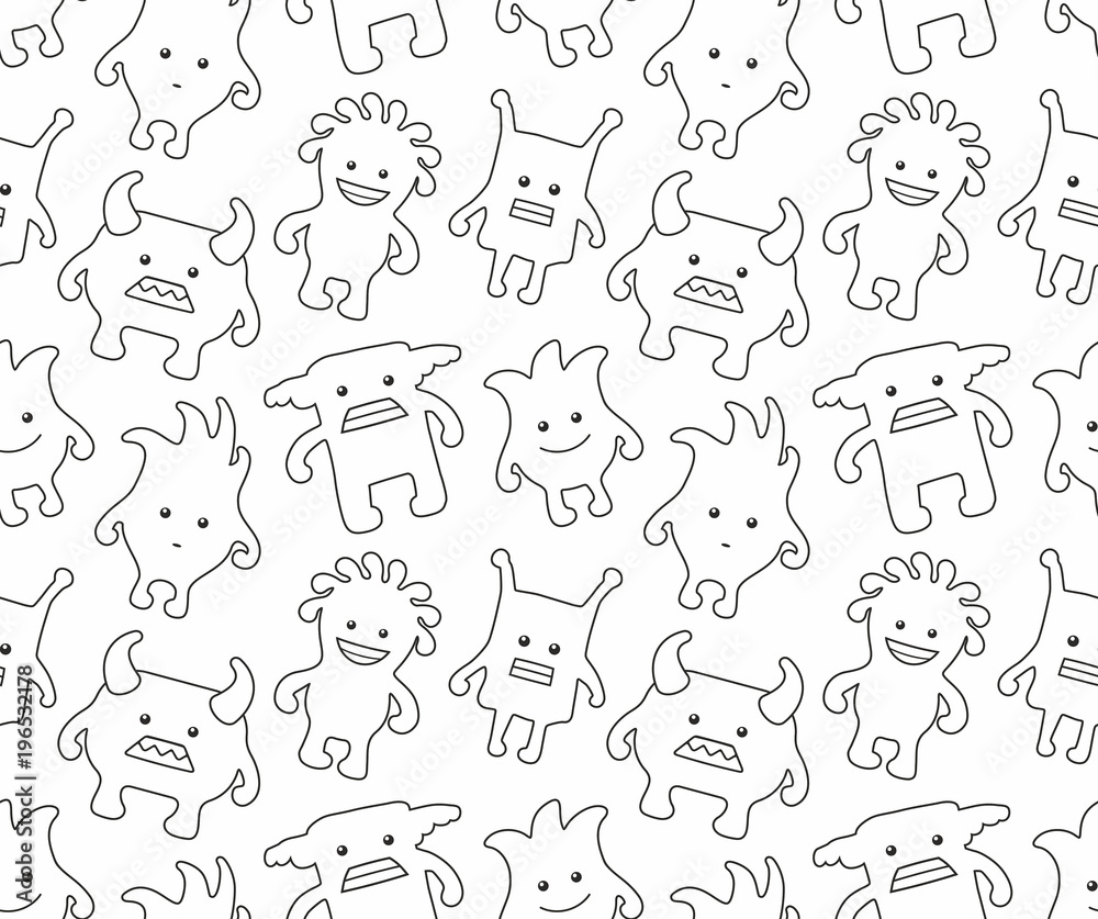 seamless monsters pattern. thin line style. isolated on white background
