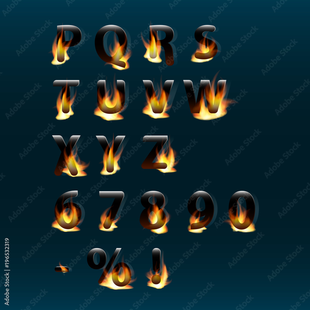 Hot letters and numbers on fire. Alphabet.Fire burning vector font. Part 2 Hot letters and numbers on fire. Alphabet.Fire burning vector font. Part 2