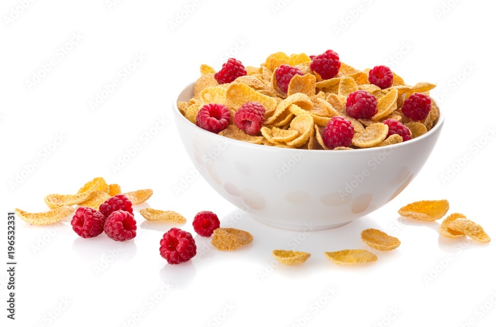 Bowl of Cornflakes and Raspberries Bowl of Cornflakes and Raspberries