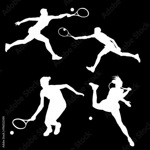 White silhouette of a tennis player in different poses against a black background