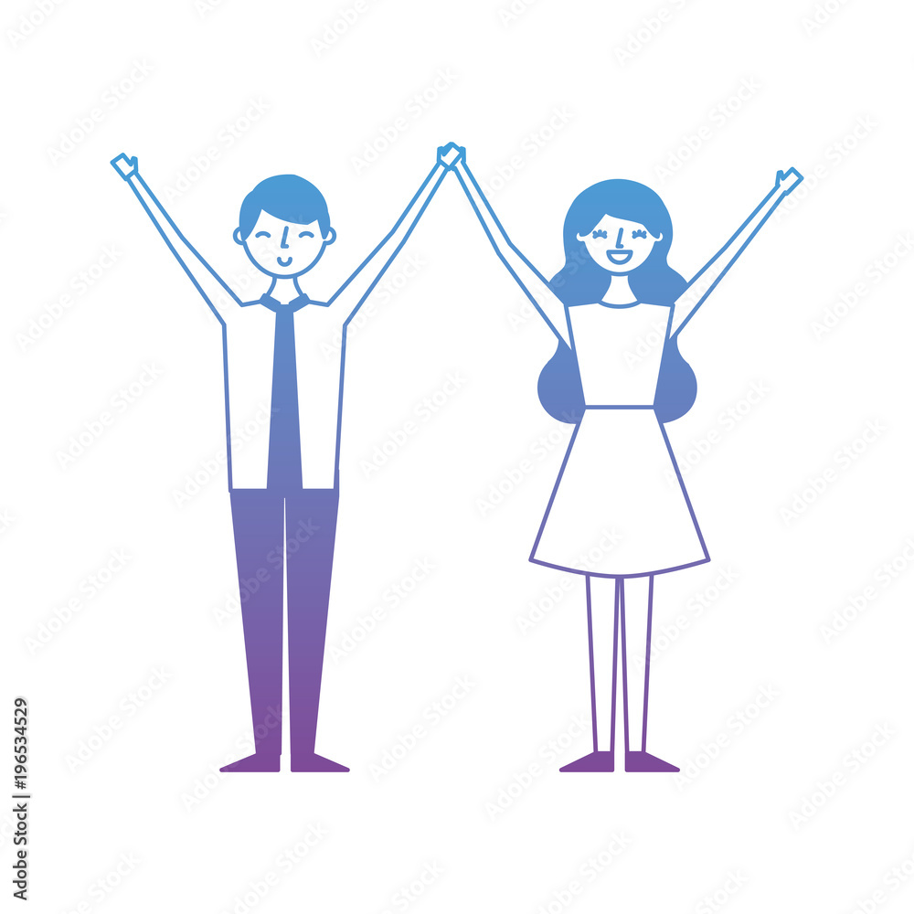 couple of young raised arms people characters vector illustration degrade color design couple of young raised arms people characters vector illustration degrade color design