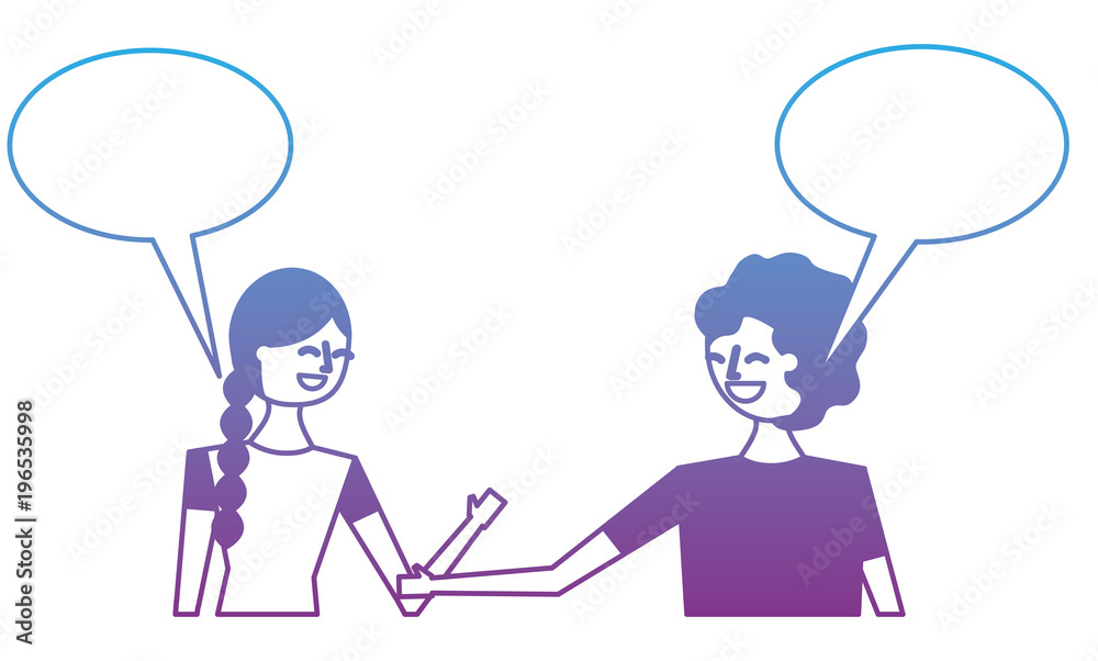 couple of young people speech bubbles talking vector illustration degrade color design