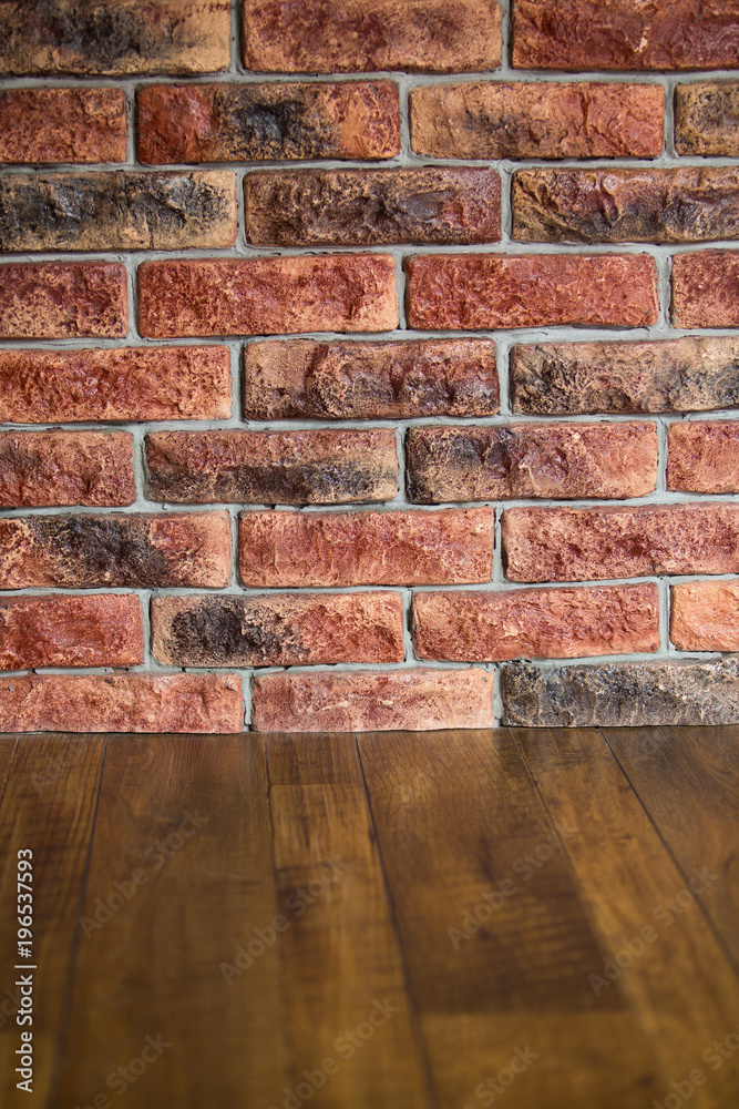 Old red dark rustic brick wall and wooden floor Stock Photo | Adobe Stock