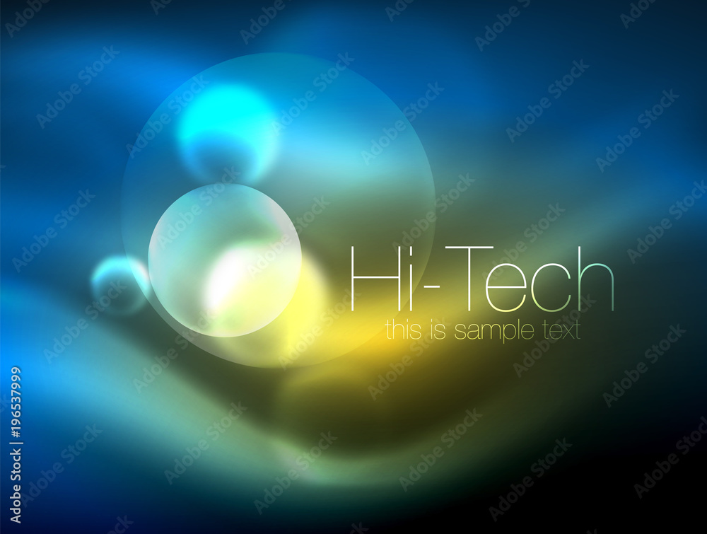 Blurred neon glowing circle, hi-tech modern bubble template, techno glowing glass round shapes or spheres. Geometric abstract background