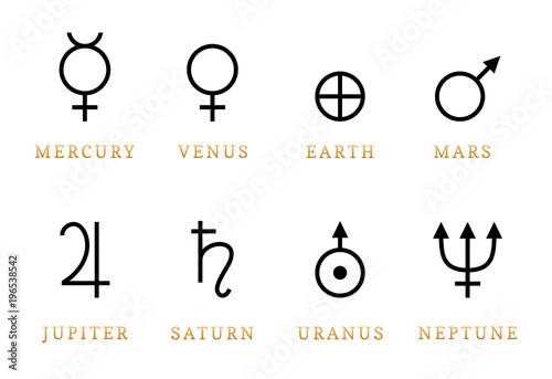 Astronomical symbols illustration of eight planets. Signs of Solar planetary system in vector