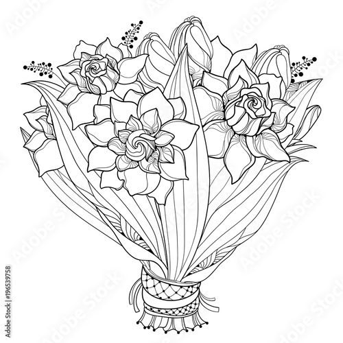 Vector bride bouquet with outline Gardenia flower, bud and ornate leaf in black isolated on white background. Summer blossom Gardenia in contour style for wedding decoration design or coloring book.