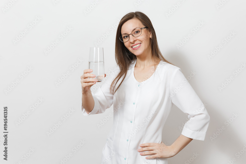 Smiling confident beautiful doctor woman isolated on white background. Female doctor in white medical gown, glasses holding glass of water. Healthcare personnel, health, medicine concept. Copy space. Smiling confident beautiful doctor woman isolated on white background. Female doctor in white medical gown, glasses holding glass of water. Healthcare personnel, health, medicine concept. Copy space.