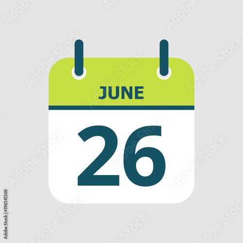 Flat icon calendar 26th of June isolated on gray background. Vector illustration.