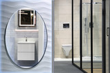 Piękna nowoczesna łazienka z kabiną prysznicową, lustrem i umywalką.