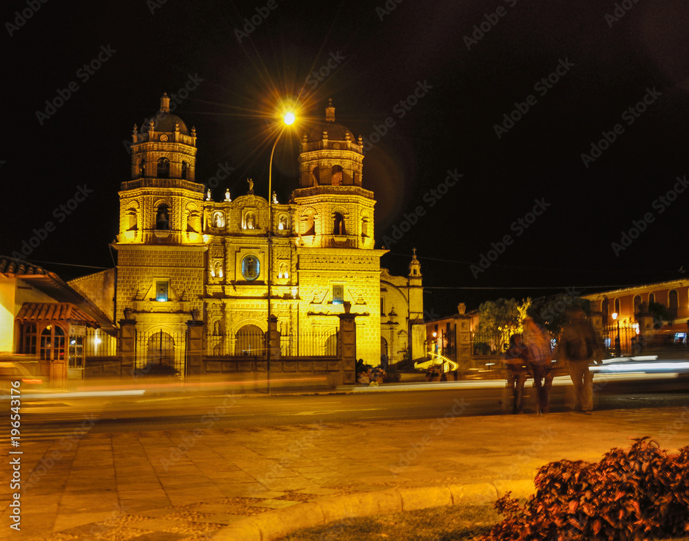 Night view of Catholic Church in Cuzco, Peru
