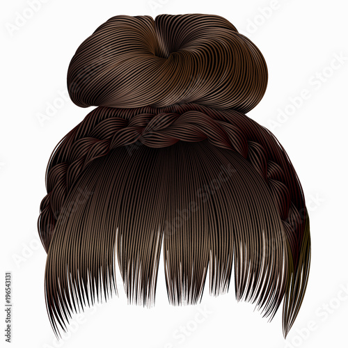 bun with plait and fringe. hairs brown light colors . women fashion beauty style .