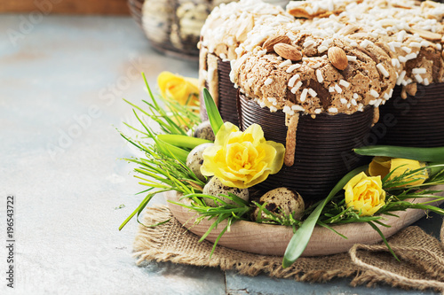 Colomba - italian easter dove cake on old rustic board. Selective focus, free text space.