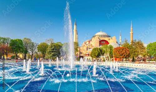 Istanbul, Turkey. The Blue Mosque, (Sultanahmet Camii), iconic landmark in Istanbul. Beautiful spring scenery with fountain at the foreground and famous touristic destination Sultanahmet Camii.