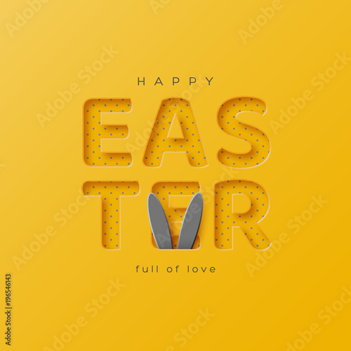 Easter holiday greeting card. Paper cut style yellow color with rabbit ears, holiday background. Vector illustration.