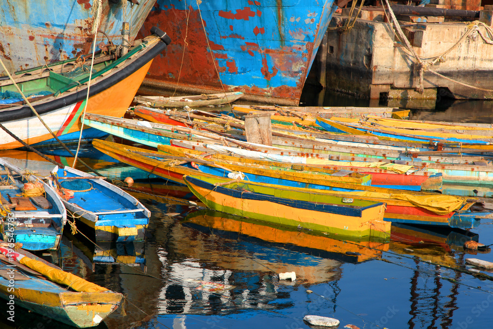 Colorful small boats at fishing harbor in Visakhapatnam,India