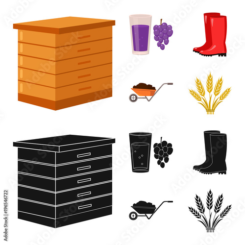 Hive, grapes, boots, wheelbarrow.Farm set collection icons in cartoon,black style vector symbol stock illustration web.