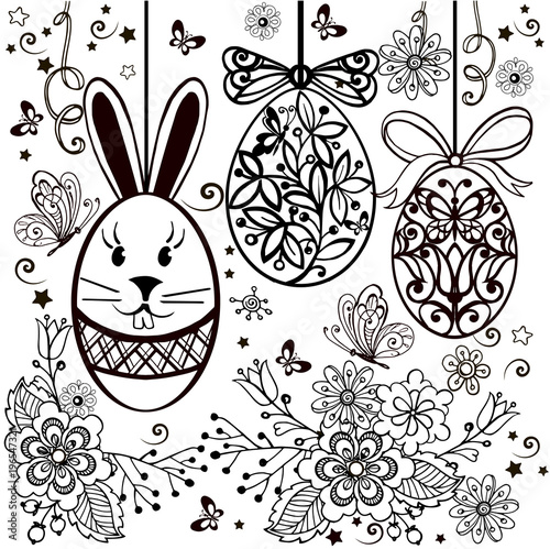 Doodle decorative eggs and bunny,rabbit for Easter card. May be used as an invitation or a foliage for different printings,page for coloring book for adult