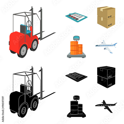 Forklift, delivery slips, packaged goods, cargo on weighing scales. Logistics and delivery set collection icons in cartoon,black style isometric vector symbol stock illustration web.