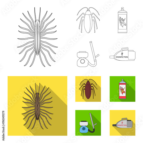 Cockroach and equipment for disinfection outline,flat icons in set collection for design. Pest Control Service vector symbol stock web illustration.
