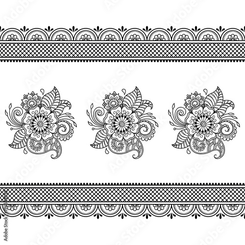 Henna tattoo flower template and seamless border. Mehndi style. Set of ornamental patterns in the oriental style.
