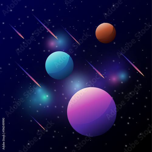 Universe, space with colorful planet and meteor above dark sky, galaxy and stars.