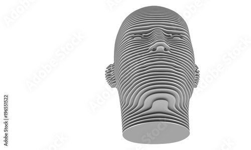 3d model of a humane head with colored skin isolated on white. it is a man face with bold head staring at various angles looking strait.