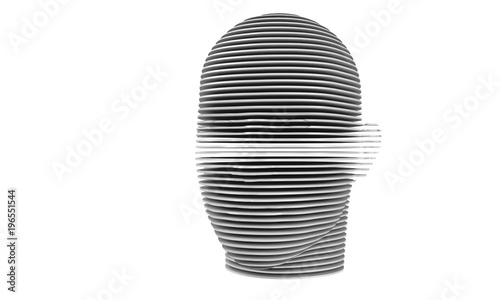 3d model of a humane head with colored skin isolated on white. it is a man face with bold head staring at various angles looking strait.