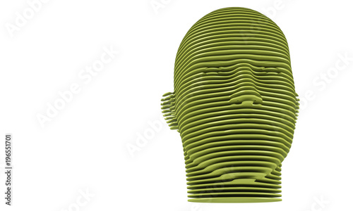 3d model of a humane head with colored skin isolated on white. it is a man face with bold head staring at various angles looking strait.