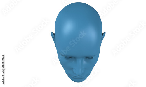 3d model of a humane head with colored skin isolated on white. it is a man face with bold head staring at various angles looking strait.