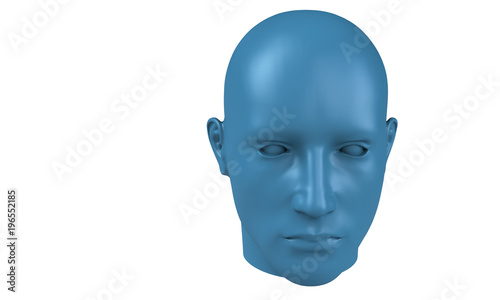3d model of a humane head with colored skin isolated on white. it is a man face with bold head staring at various angles looking strait.