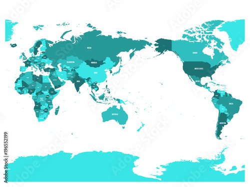 World map in four shades of turquoise blue on white background. High detail Pacific centered political map. Vector illustration with labeled compound path of each country.