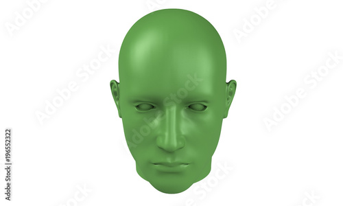 3d model of a humane head with colored skin isolated on white. it is a man face with bold head staring at various angles looking strait.
