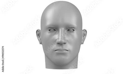 3d model of a humane head with white skin isolated on white. it is a man face with bold head staring at various angles looking strait.