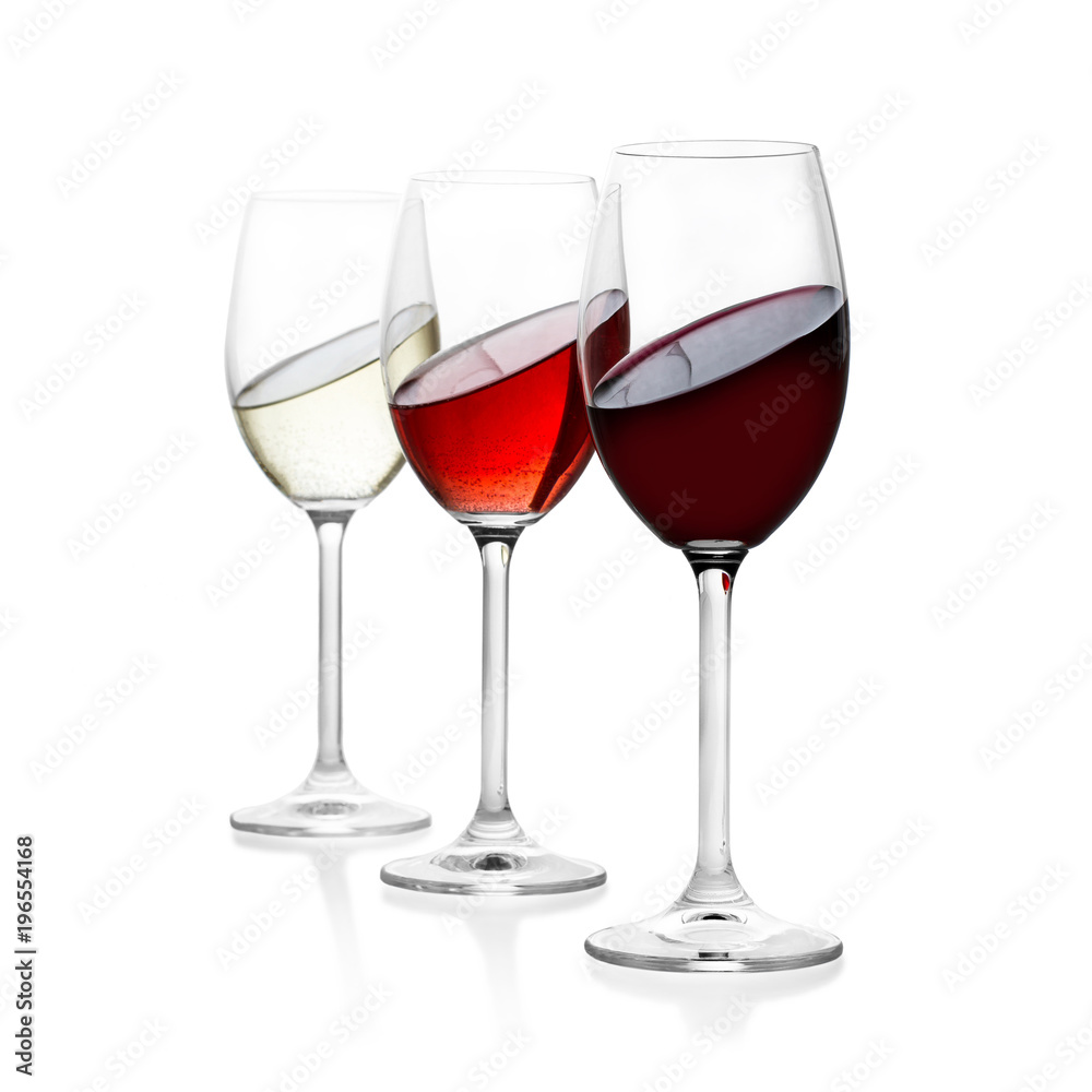 Red, rose and white wine in glass, isolated